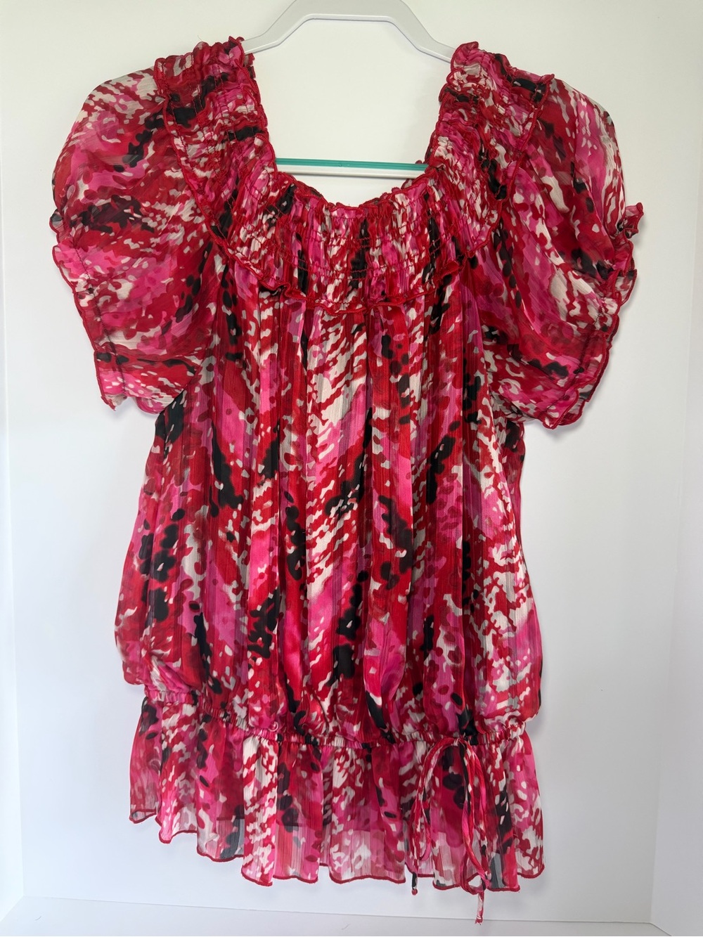 Sequin Hearts Bright Pink Red Black Sheer Blouse